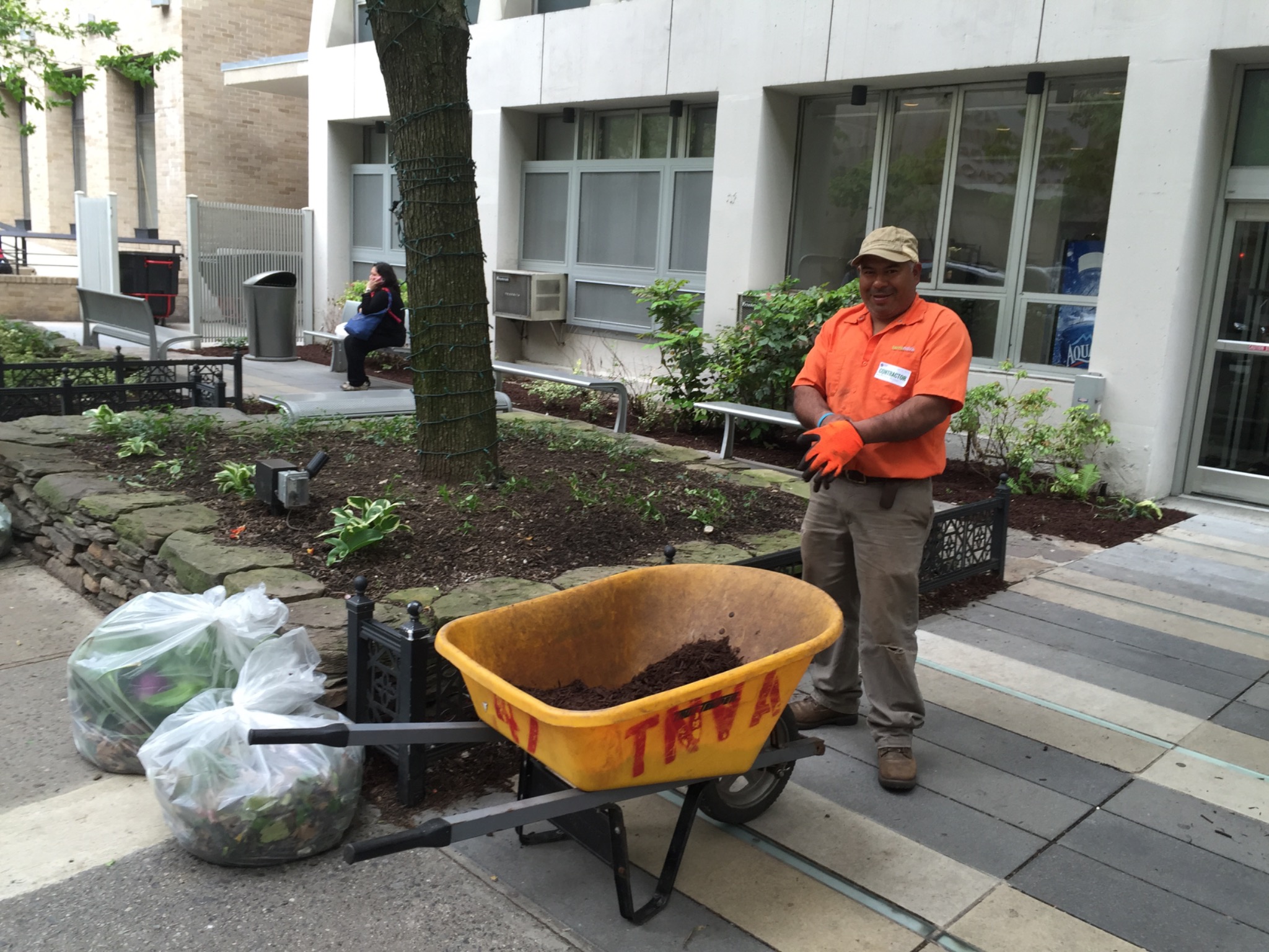 Terranova worker with a wheelbarrow in a planted courtyard