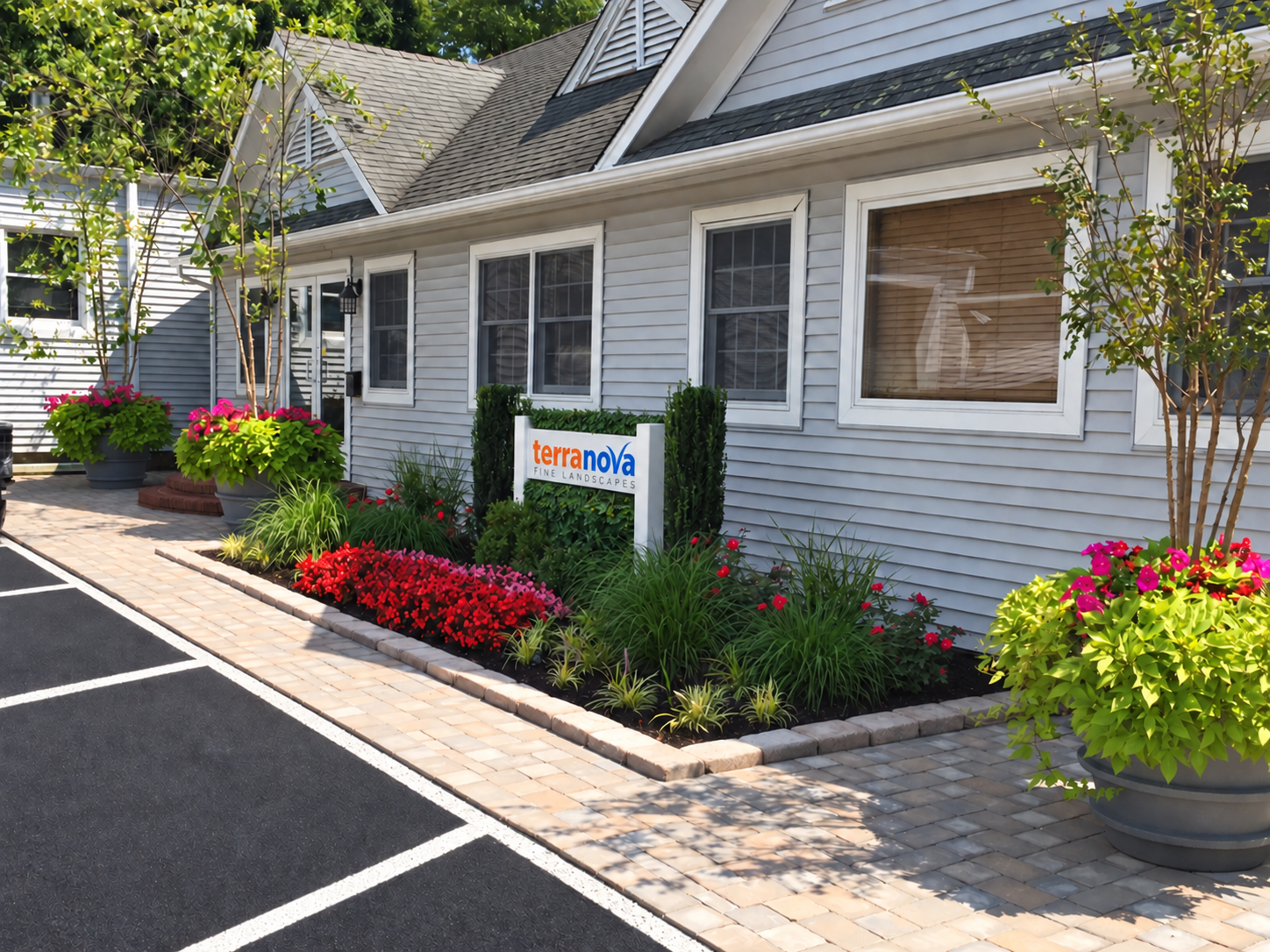 Original Terranova office with abundant seasonal plantings and original signage