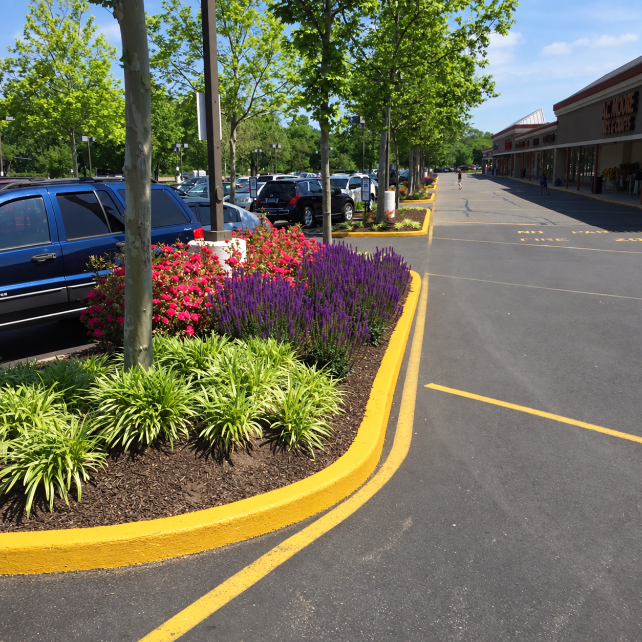 Flowering landscape beds and trees along a shopping center parking lot