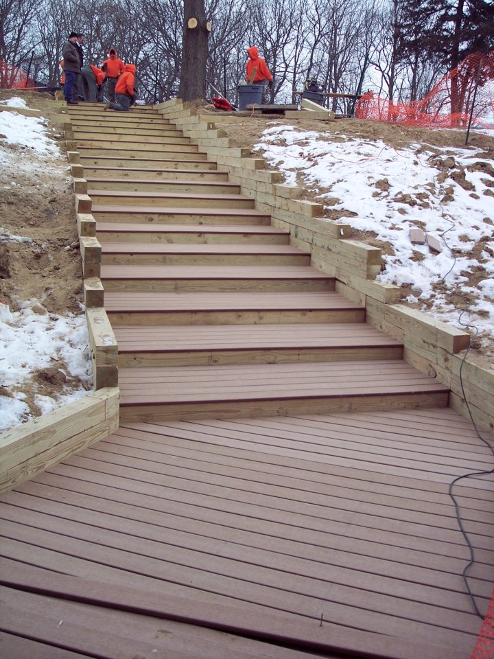 Terranova crew constructing a long hillside stairway