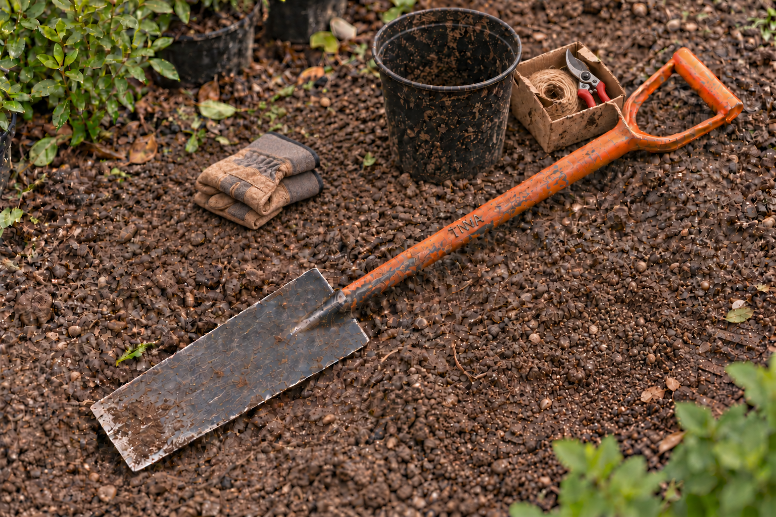 Worn TNVA nursery spade, folded work gloves, nursery pot, sisal twine and pruning shears after work